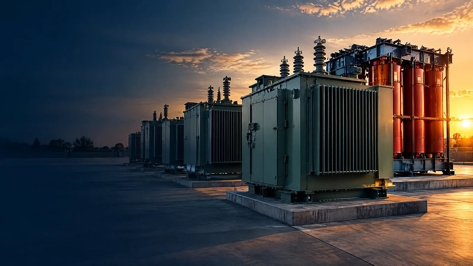 Electrical transformers staged in a professional industrial equipment yard